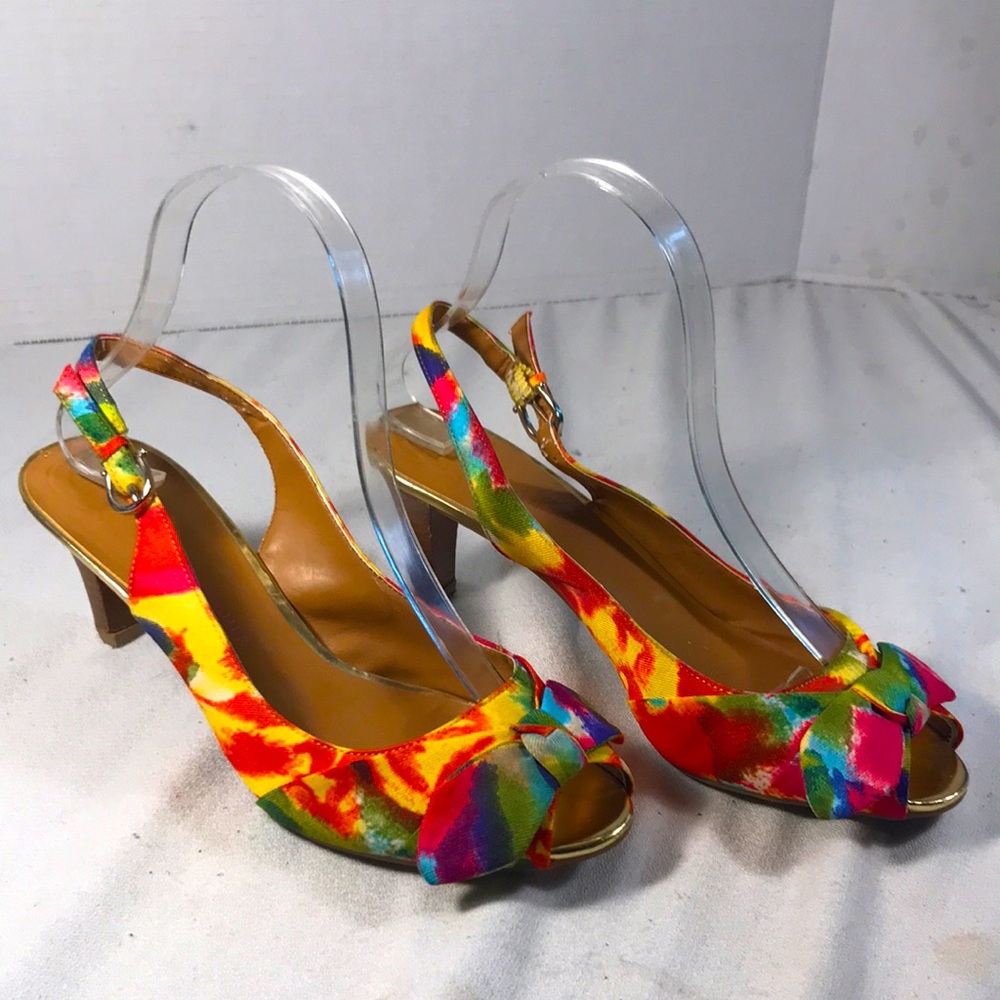 Etienne Aigner Hadley Women's Colorful Canvas With Bows Peep Toe Slingback Heels - Picture 1 of 9